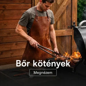 Férfi barna bőr kötényben grillezés közben, prémium bőr kötények Kanex