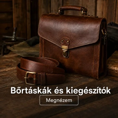 Barna bőr aktatáska és bőr öv rusztikus fa asztalon